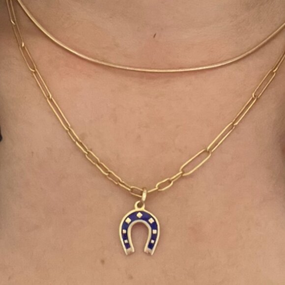 Enamel Horseshoe Charm Pendant Solid 14K Gold - Picture 1 of 6